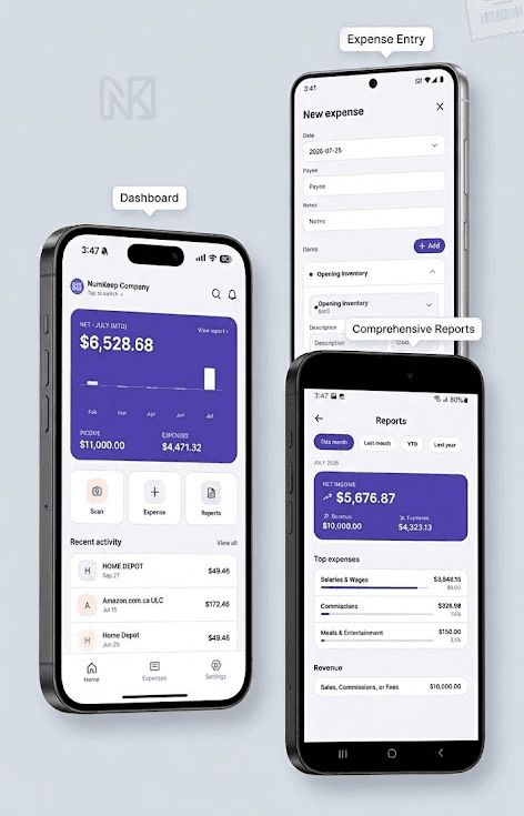 Application mobile NumKeep montrant le tableau de bord, les rapports et la saisie de dépenses